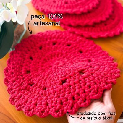 Kit c/4 Sousplat Crochê Vermelho Mesa Posta - Artesanal - Image 5